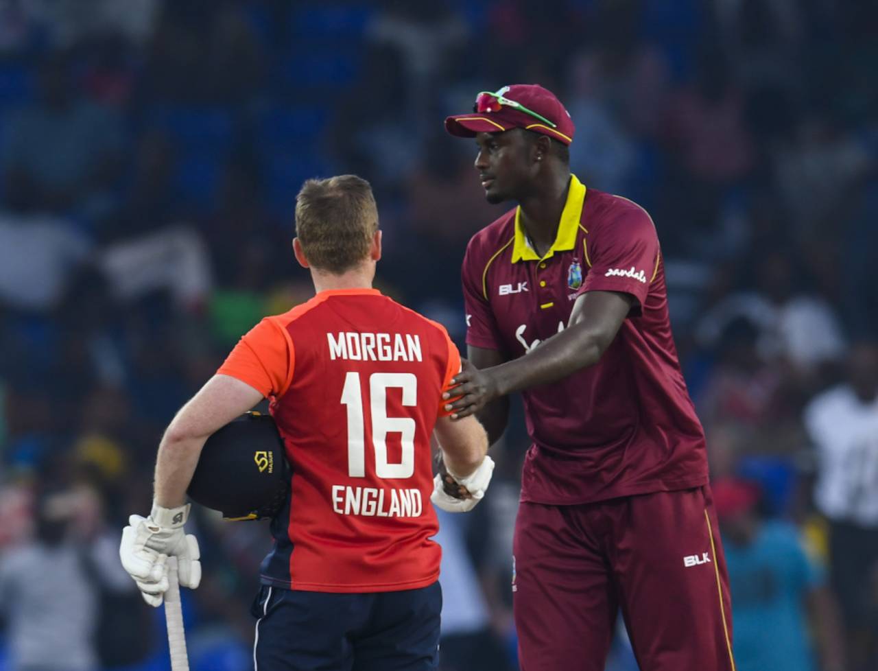 Jason Holder congratulates Eoin Morgan, West Indies v England, 3rd T20I, St Kitts, March 10, 2019