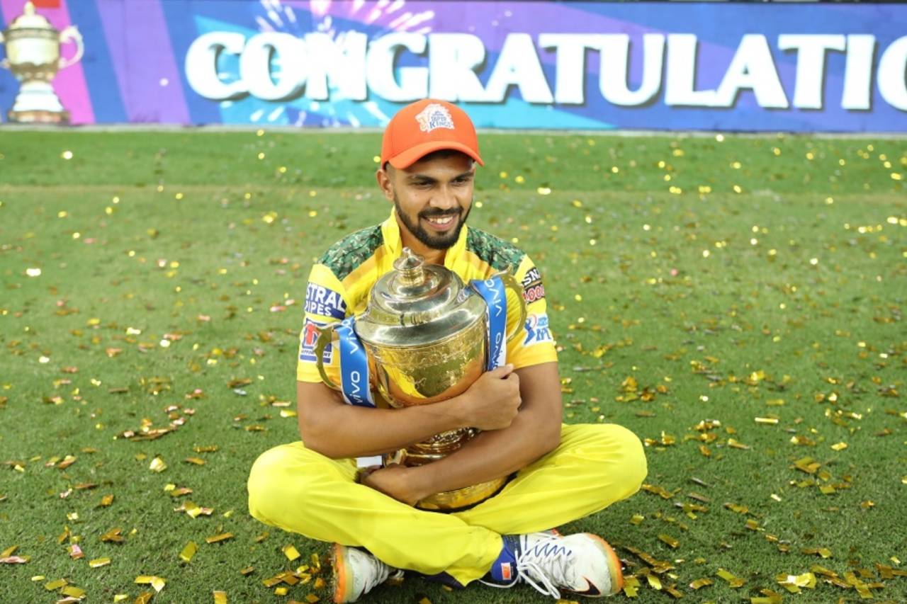 Ruturaj Gaikwad poses with the IPL 2021 trophy, Chennai Super Kings vs Kolkata Knight Riders, IPL 2021 final, Dubai, October 15, 2021