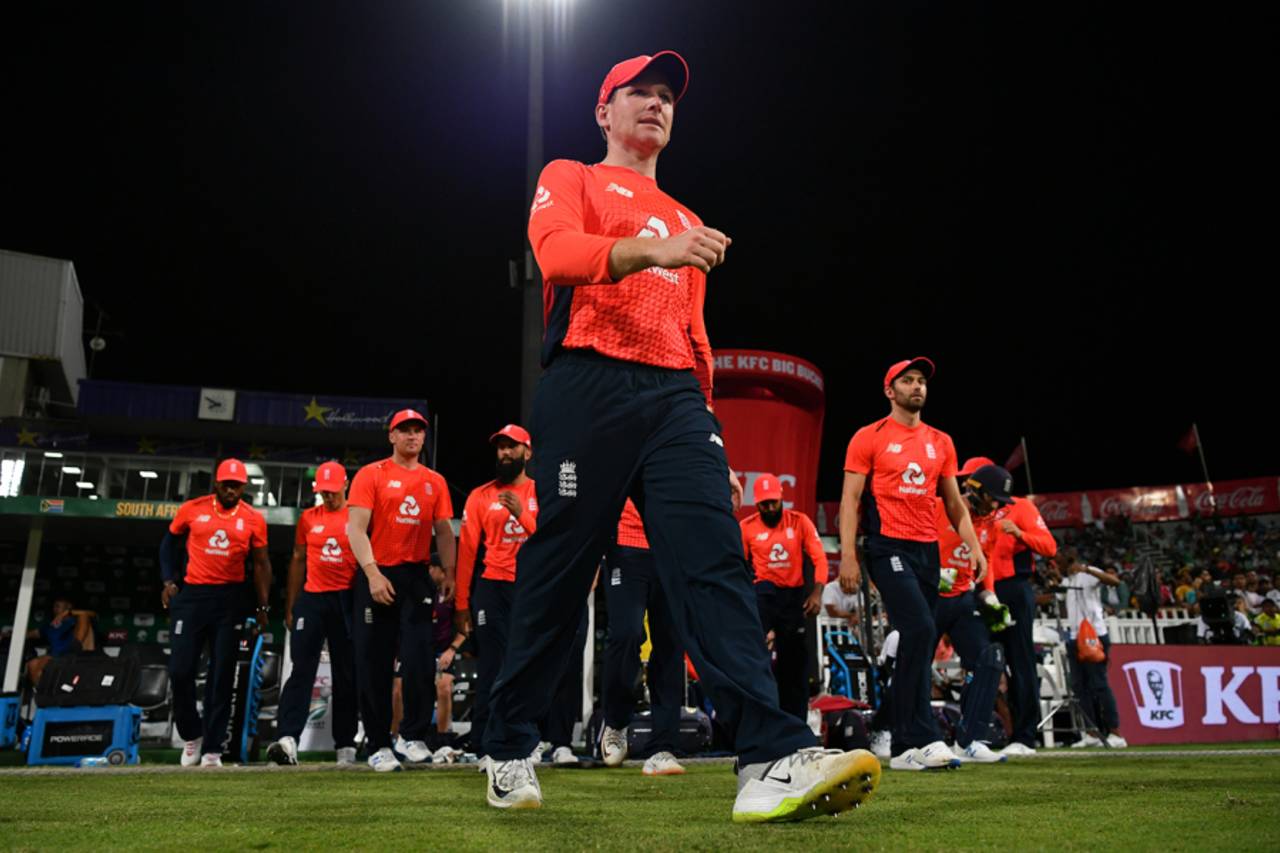 Eoin Morgan leads his side onto the field, South Africa v England, 2nd T20I, Durban, February 14, 2020