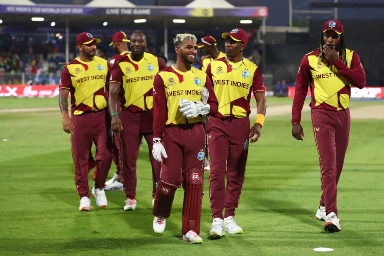 Nicholas Pooran leads the team off after a slim win, Bangladesh vs West Indies, T20 World Cup, Group 1, Sharjah, October 29, 2021