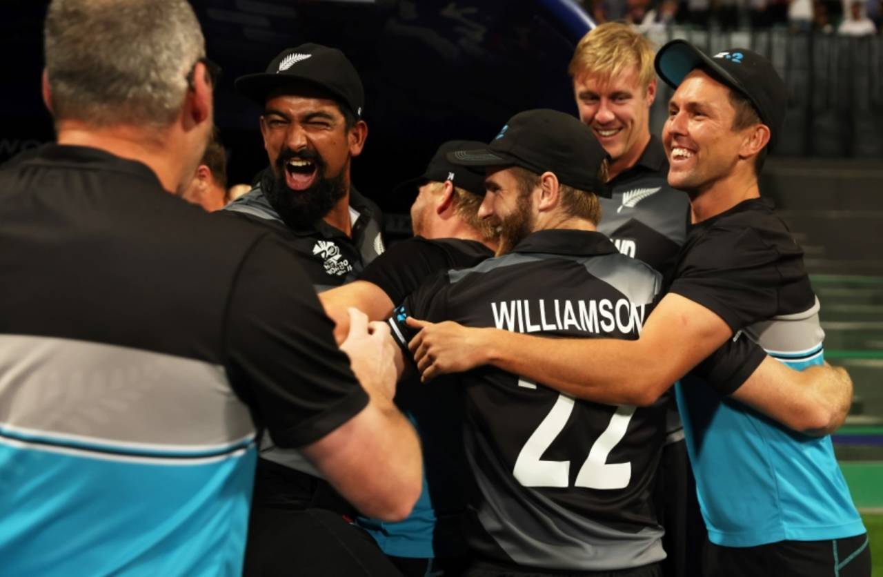 The New Zealand dugout erupts as victory is secured, England vs New Zealand, Men's T20 World Cup 2021, 1st semi-final, Abu Dhabi, November 10, 2021