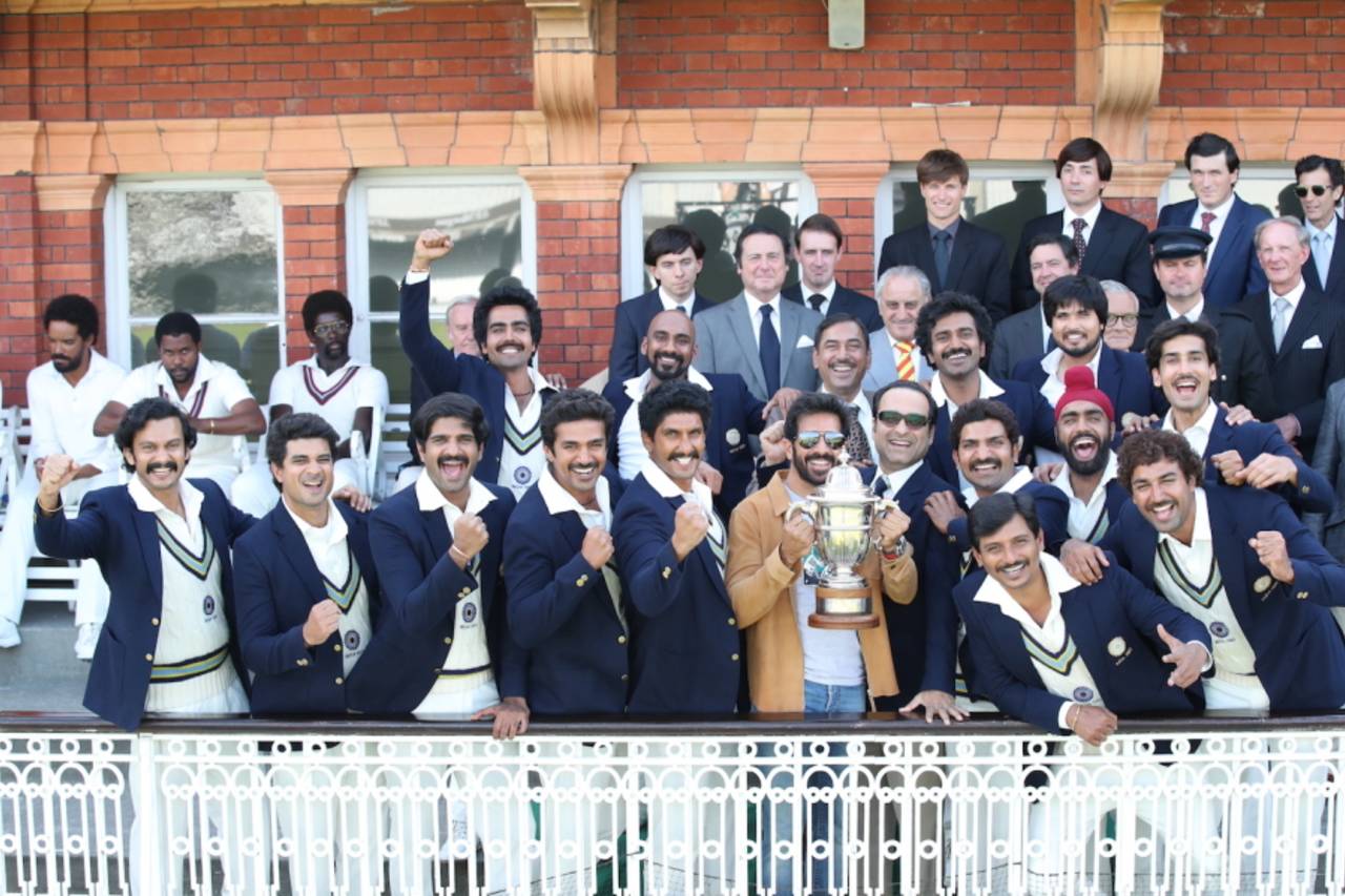Still from the film 83 showing the India team on the balcony at Lord's, celebrating their win in the 1983 World Cup, 2021