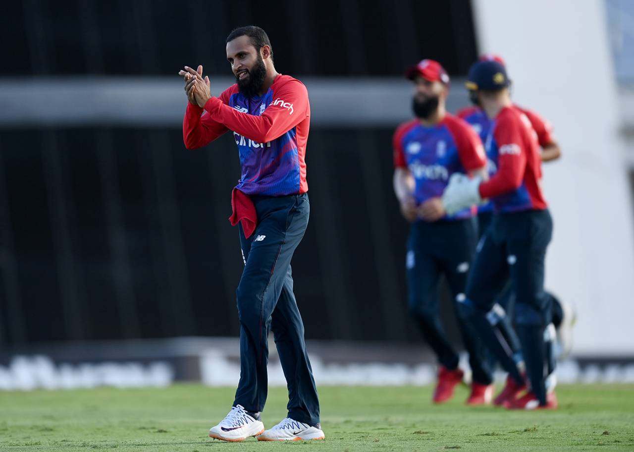 Adil Rashid celebrates a dismissal, West Indies vs England, 5th T20I, Kensington Oval, Barbados, January 30, 2022