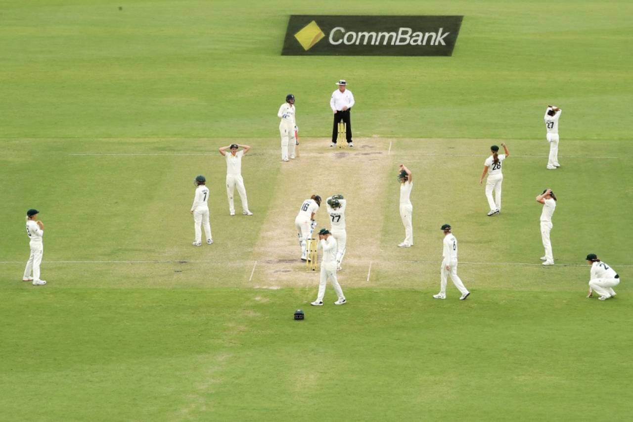 Kate Cross plays out the final ball of the Test to secure a draw, Australia vs England, Only Test, Women's Ashes, Canberra, January 30, 2022