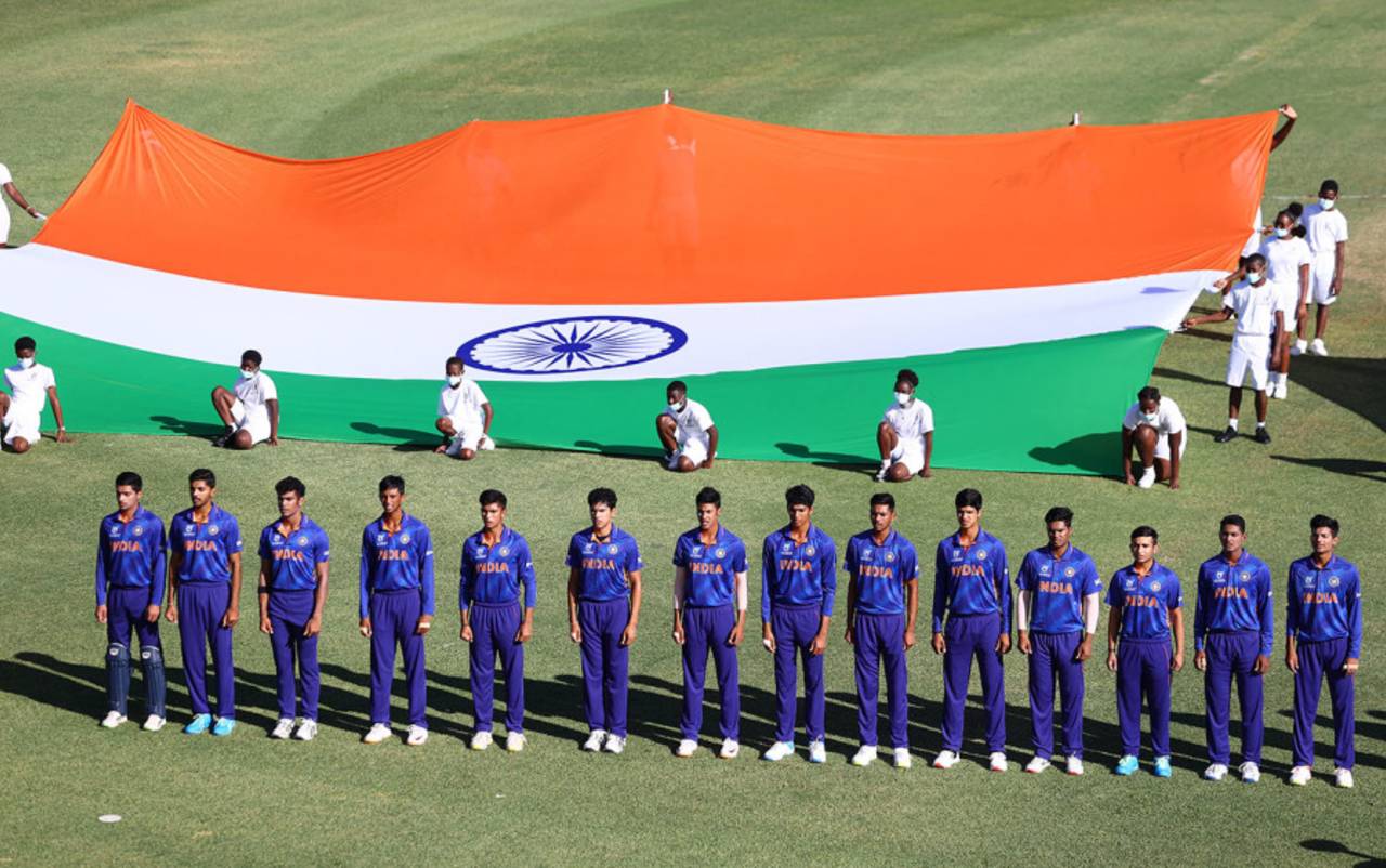 India Under-19s line up for the national anthems, Bangladesh vs India, Under-19 World Cup 2022, quarter-final, Coolidge, January 29, 2022