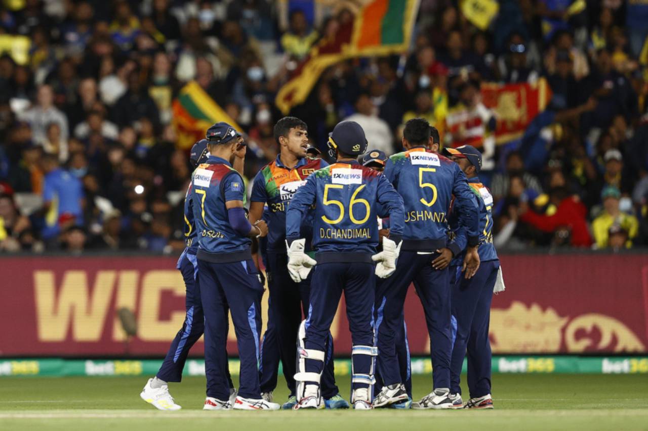 The Sri Lankans celebrate after Maheesh Theekshana sent back Ben McDermott, Australia vs Sri Lanka, 4th T20I, Melbourne, February 18, 2022