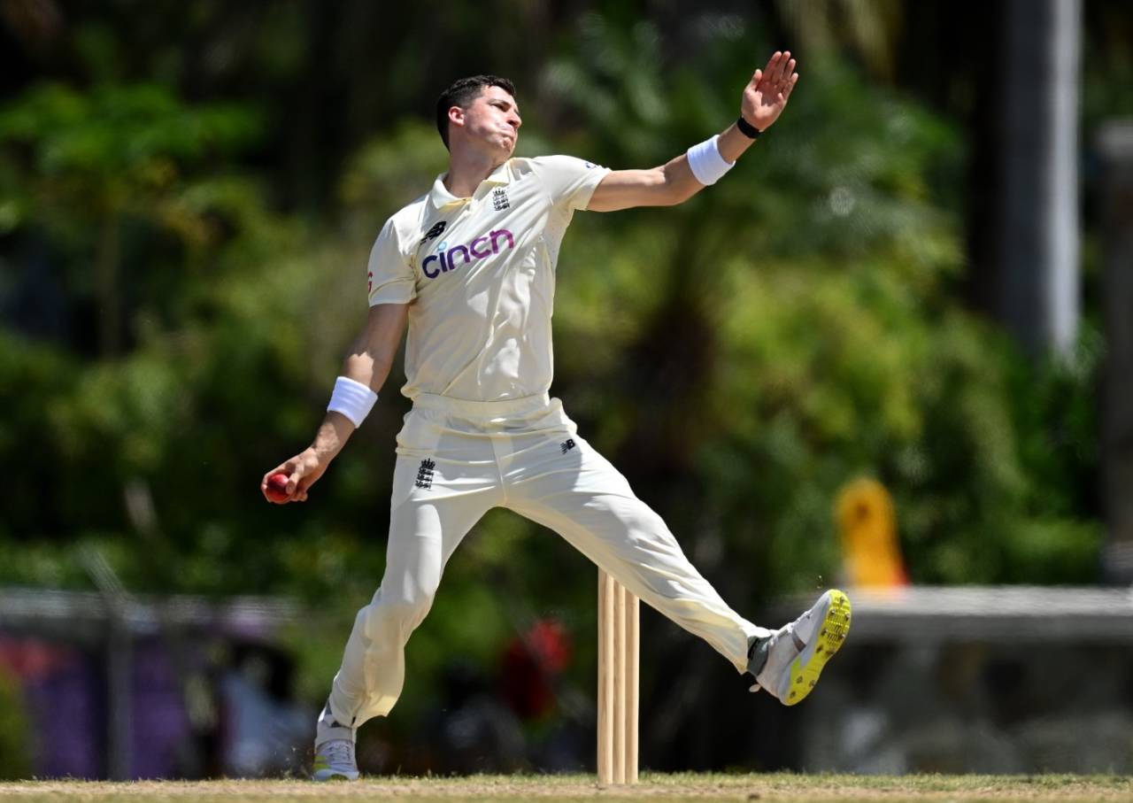 Matt Fisher bowls during England's warm-up game in Coolidge, CWI President's XI vs England XI, Tour match, Coolidge Cricket Ground, Antigua, March 3, 2022