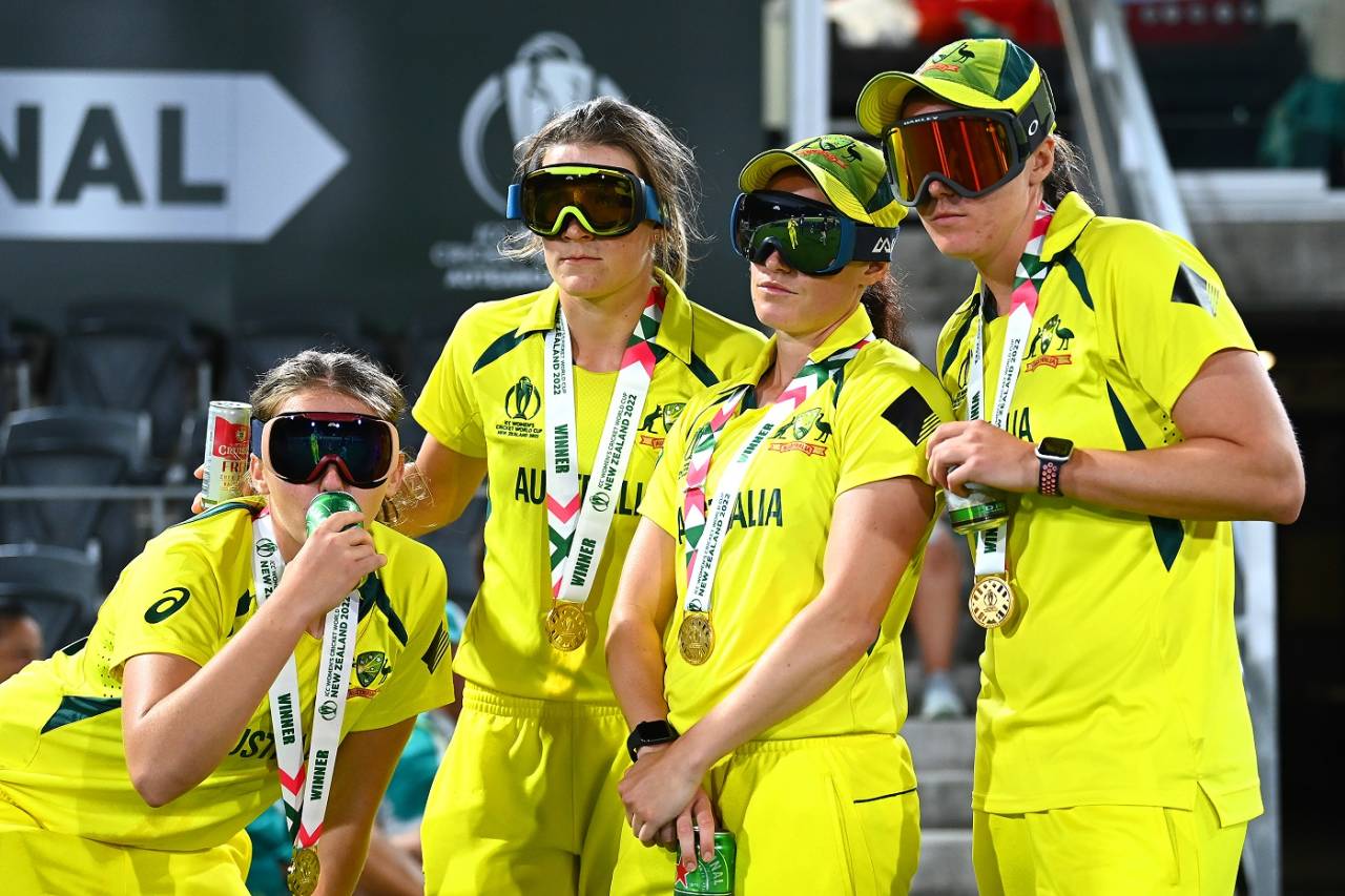 Darcie Brown, Annabel Sutherland, Megan Schutt and Tahlia McGrath pose in ski goggles, Australia vs England, Women's World Cup 2022 final, Christchurch, April 3, 2022