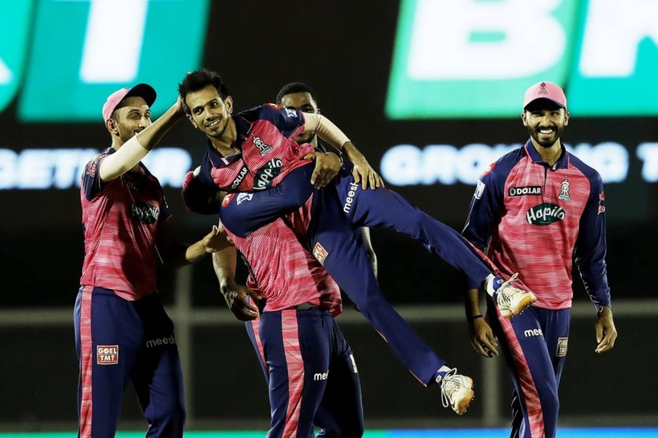 Yuzvendra Chahal is mobbed by his teammates after a match-turning spell, Kolkata Knight Riders vs Rajasthan Royals, IPL 2022, Brabourne Stadium, Mumbai, April 18, 2022
