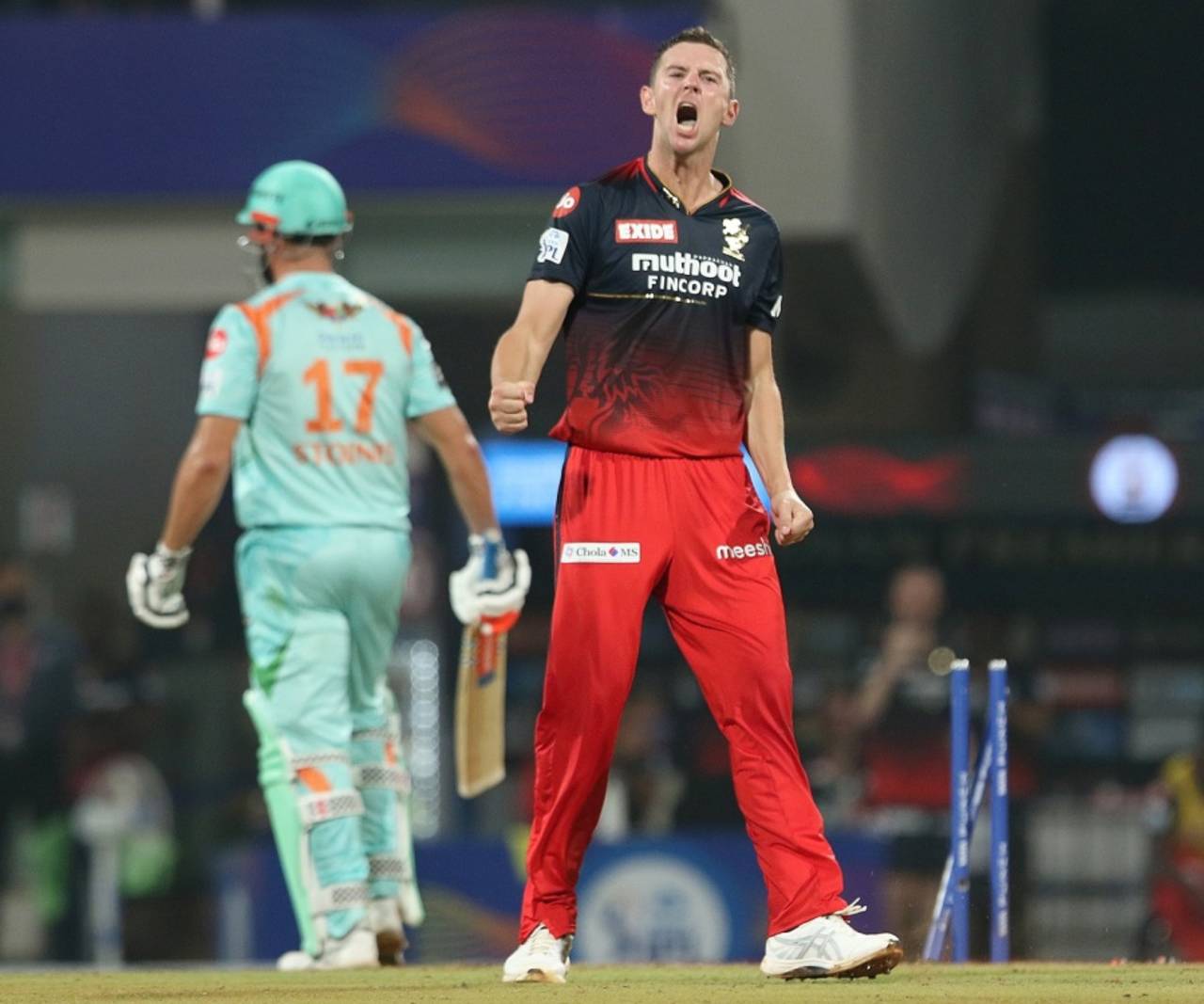 Josh Hazlewood is pumped up after removing Marcus Stoinis, Lucknow Super Giants vs Royal Challengers Bangalore, IPL 2022, DY Patil, Navi Mumbai, April 19, 2022