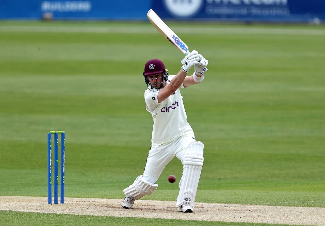 Will Young leans into a drive on his Northants debut, Northamptonshire vs Yorkshire, LV= Insurance Championship, Division One, Wantage Road, 2nd day, April 22, 2022