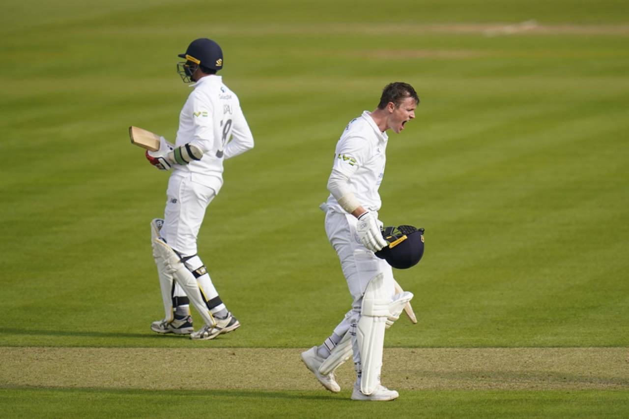 Nick Gubbins (right) is the only batter to make hundreds in both innings of a domestic first-class match against James Anderson&nbsp;&nbsp;&bull;&nbsp;&nbsp;PA Images/Getty