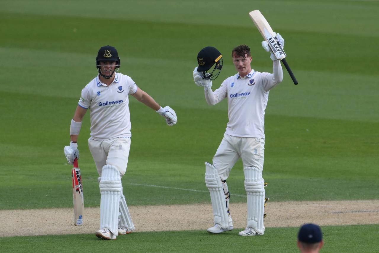Tom Alsop celebrates reaching his century with batting partner Ali Orr, LV= Insurance County Championship, Division Two, Sussex vs Middlesex, Hove, May 5, 2022