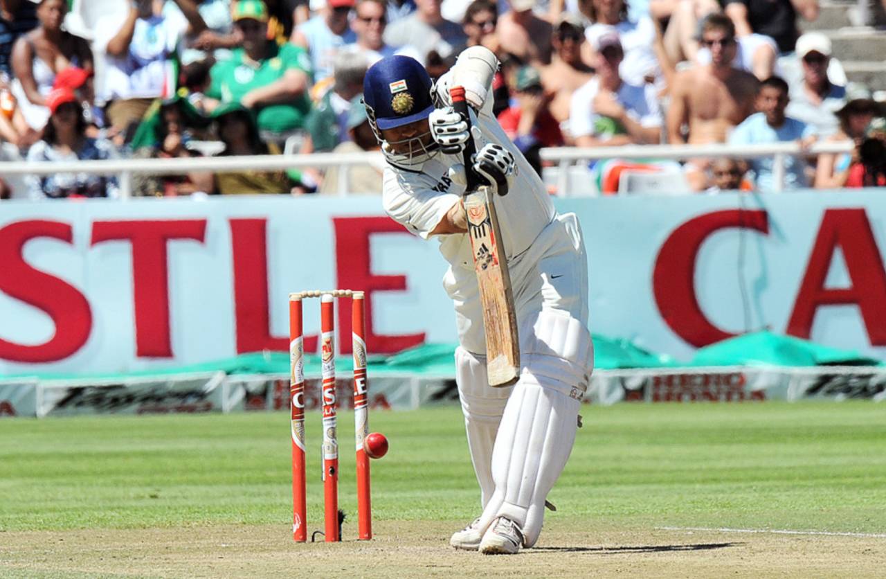 Sachin Tendulkar plays a shot, South Africa v India, 3rd Test, Cape Town, 2nd day, January 3, 2011