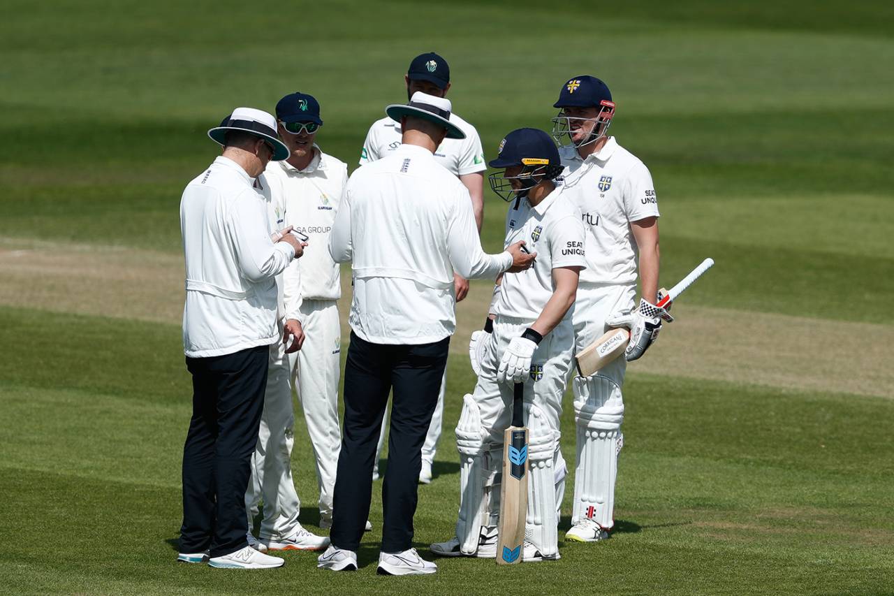Umpires James Middlebrook and Alex Wharf inspect the ball, LV= Insurance County Championship, Division Two, Durham vs Glamorgan, The Riverside, May 14, 2022