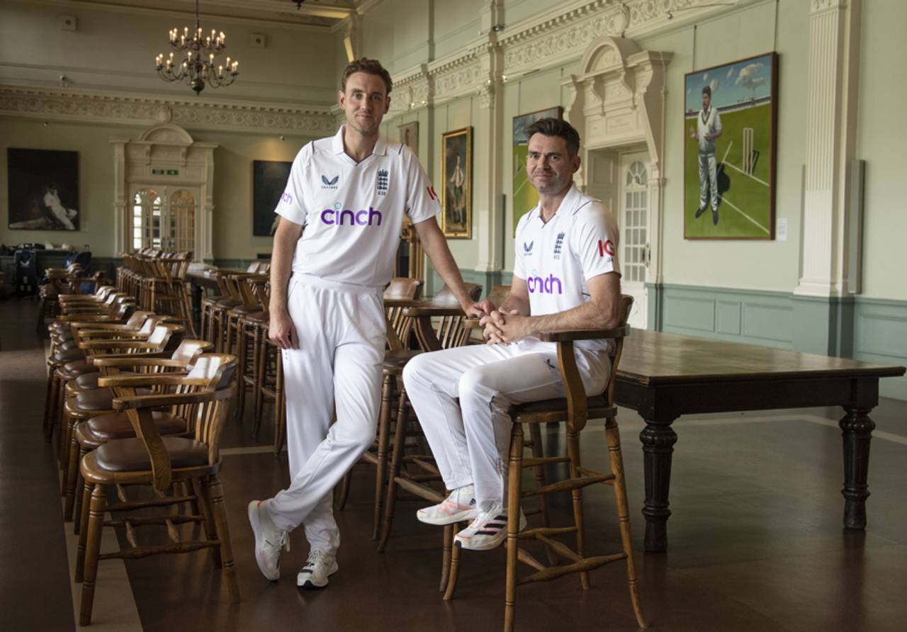 Stuart Broad and James Anderson pose in the Long Room, England vs New Zealand, 1st Test, Lord's, May 31, 2022