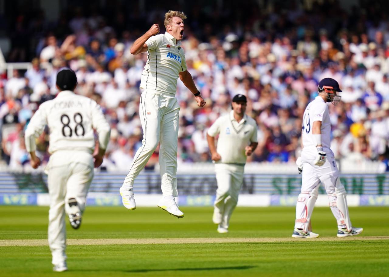 Kyle Jamieson leaps after breaking England's strong opening stand, England vs New Zealand, 1st Test, Day 1, Lord's, June 2, 2022