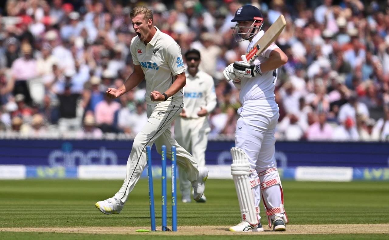 The fatal leave - Alex Lees is bowled by Kyle Jamieson after a misjudgment, England vs New Zealand, 1st Test, Lord's, London, 3rd day, June 4, 2022
