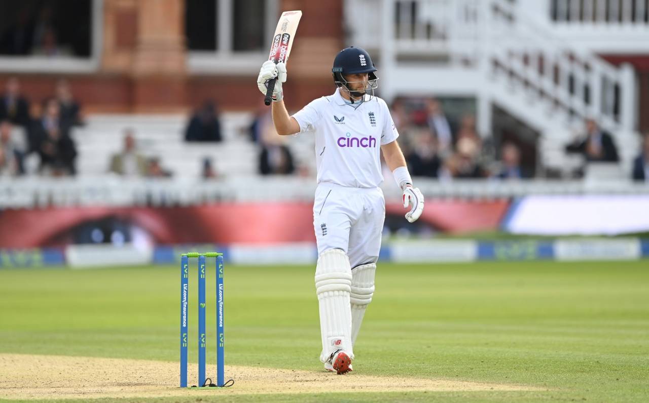 Joe Root raises his bat after his half-century, England vs New Zealand, 1st Test, Lord's, London, 3rd day, June 4, 2022