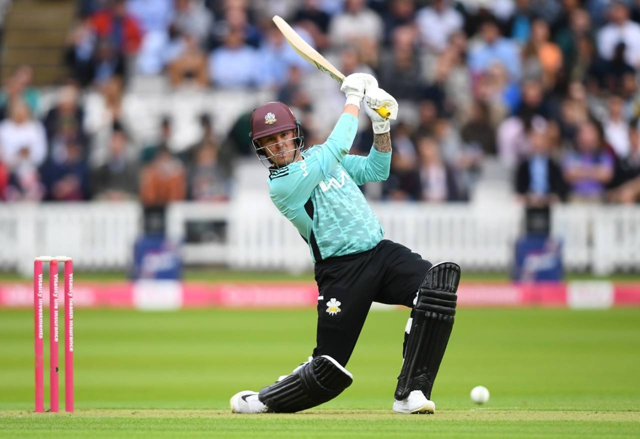 Jason Roy drives through the covers during a flying start to the London Derby, Middlesex vs Surrey, Vitality Blast, Lord's, June 9, 2022