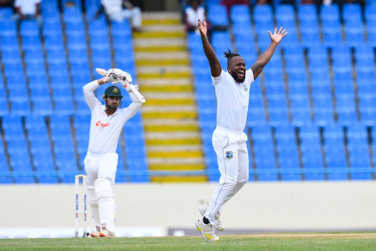 Kyle Mayers traps Nurul Hasan, who was struck on the pads after not offering a shot, West Indies vs Bangladesh, 1st Test, Antigua, Day 1, June 16, 2022