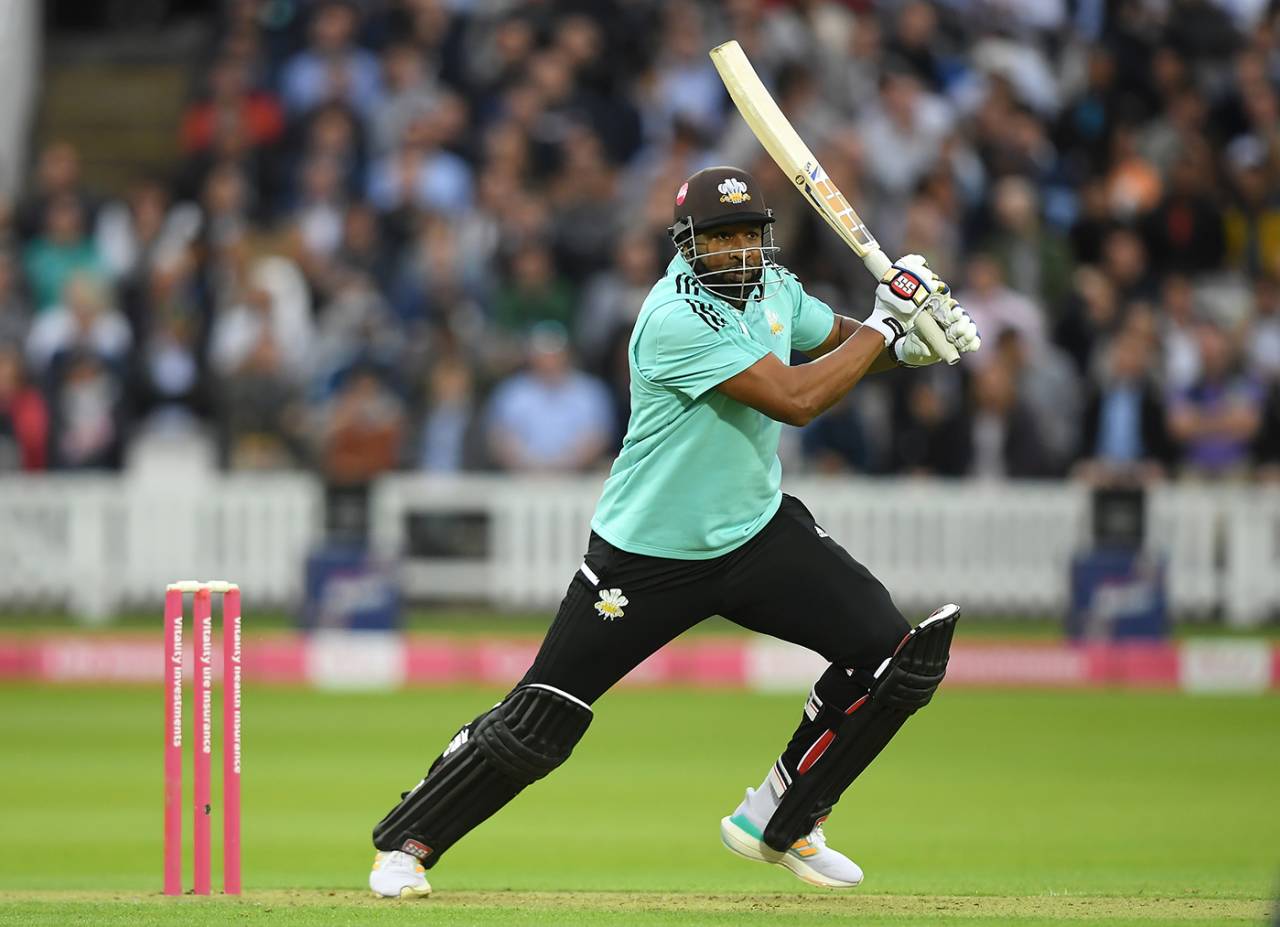 Kieron Pollard punches into the off side, Middlesex vs Surrey, Vitality Blast, Lord's, June 9, 2022