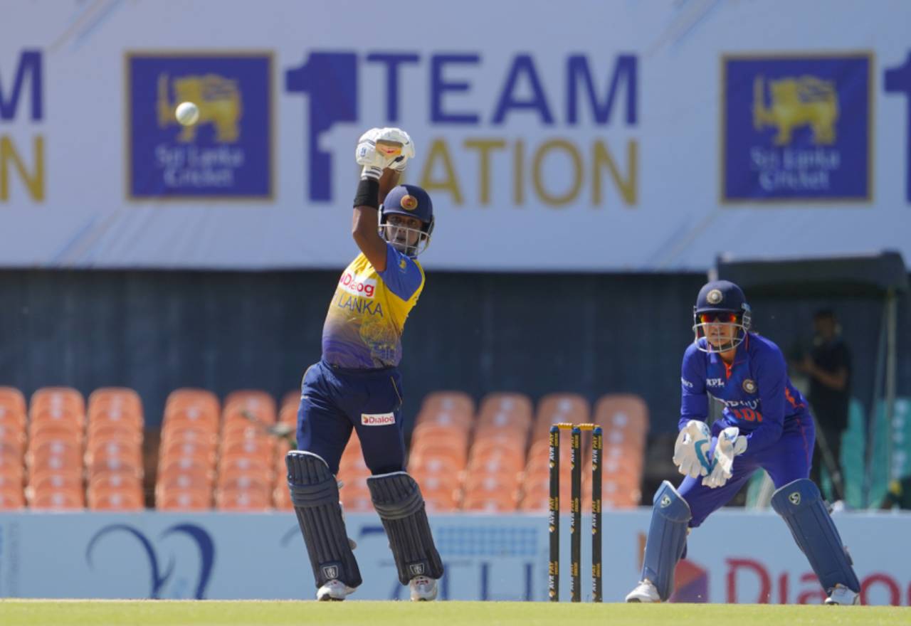 Chamari Athapaththu chips a ball over cover, Sri Lanka vs India, 2nd women's T20I, Dambulla, June 25, 2022
