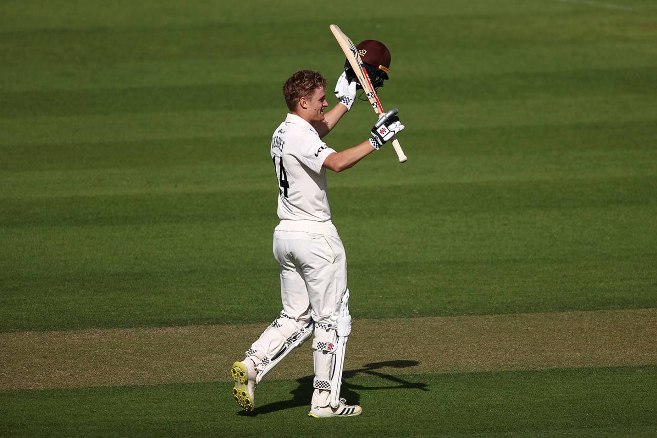 Ben Geddes celebrates his maiden Championship century, Surrey vs Kent, County Championship, Division One, The Oval, June 26, 2022