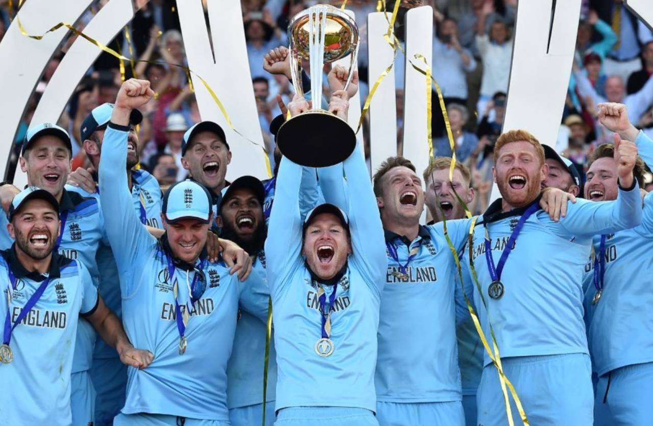 Eoin Morgan lifts the World Cup trophy after a thrilling final at Lord's, England v New Zealand, World Cup 2019, Lord's, July 14, 2019