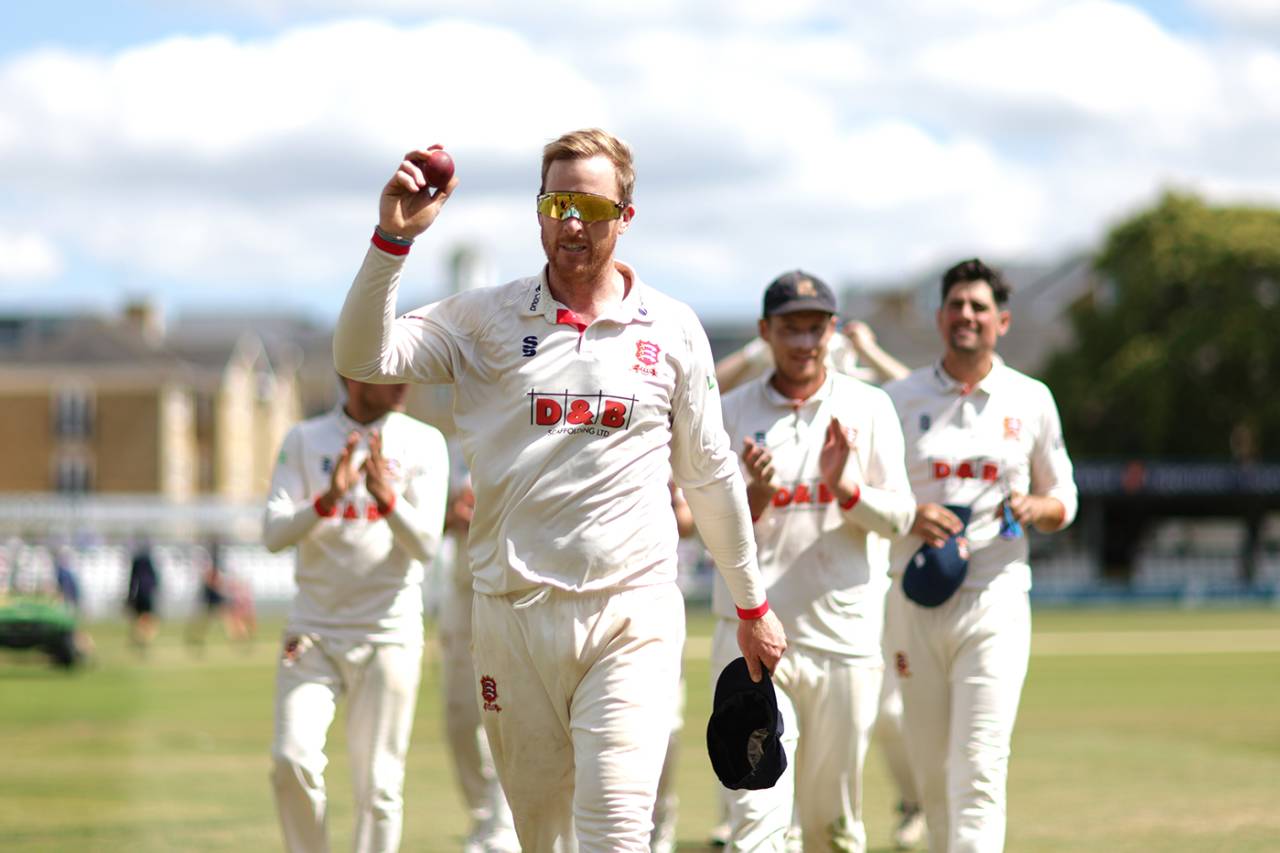 Simon Harmer takes the applause after his seven-for sealed victory, Essex vs Hampshire, County Championship, Division One, Chelmsford, June 28, 2022