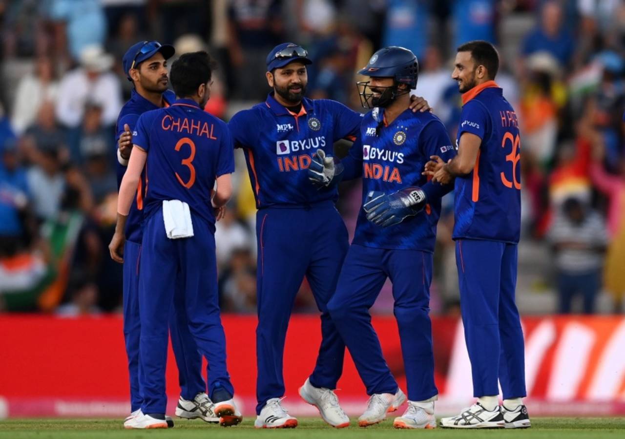 Rohit Sharma celebrates Moeen Ali's wicket, England vs India, 1st T20I, Southampton, July 7, 2022
