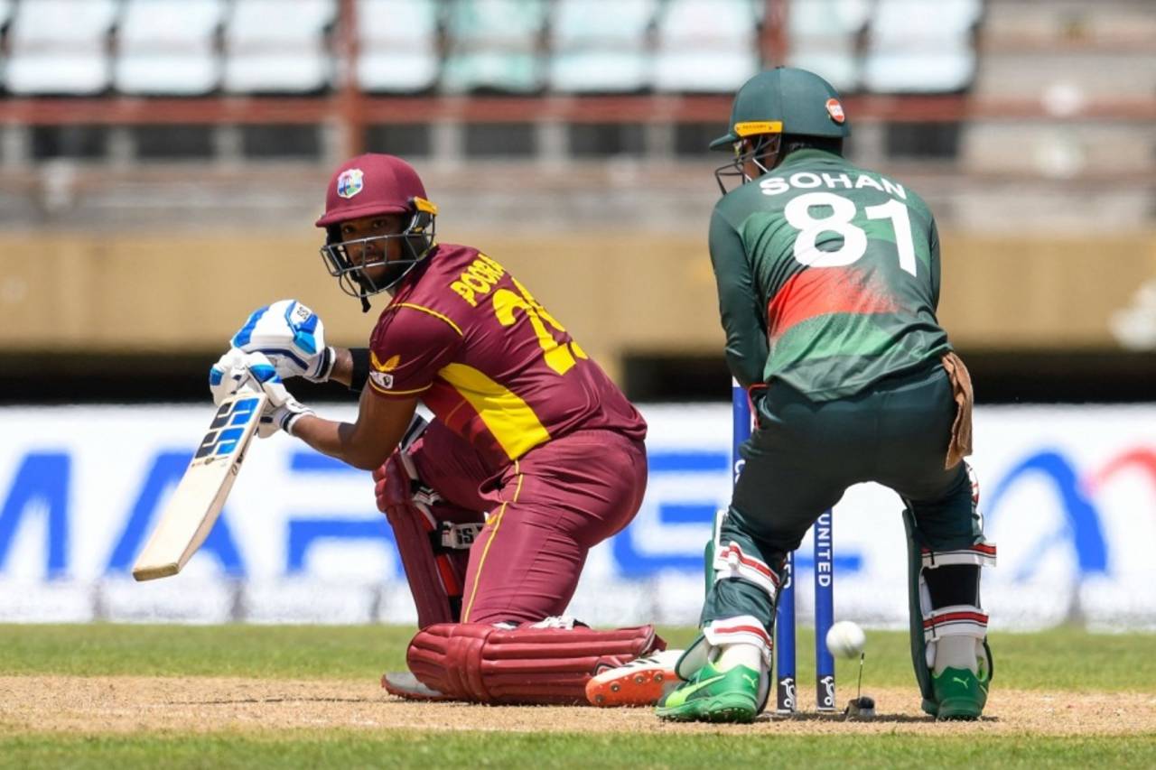 Nicholas Pooran gets low and plays a shot late, West Indies vs Bangladesh, 3rd ODI, Providence, July 16, 2022
