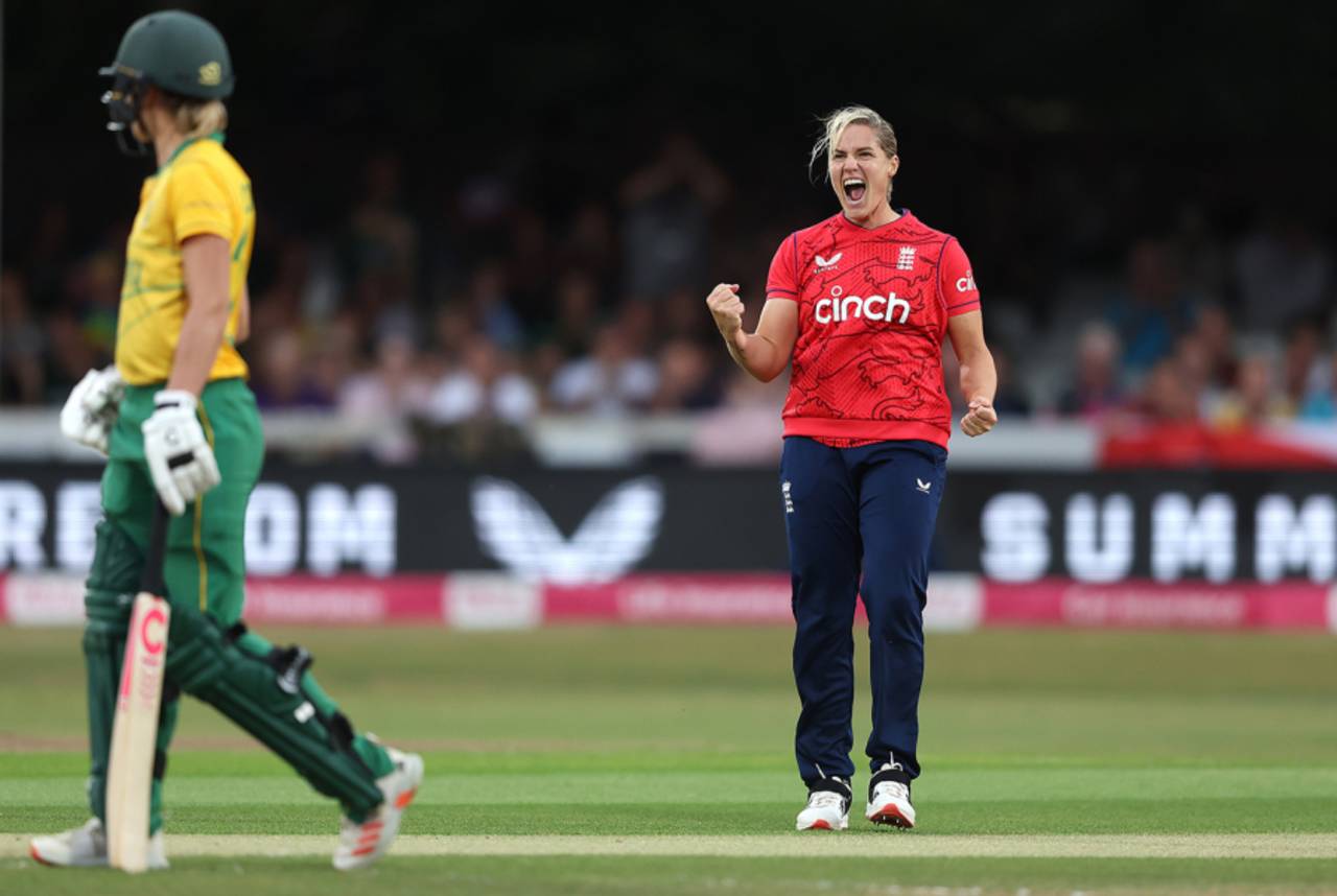 Katherine Brunt celebrates the wicket of Sune Luus, England vs South Africa, 1st women's T20I, Chelmsford, July 21, 2022