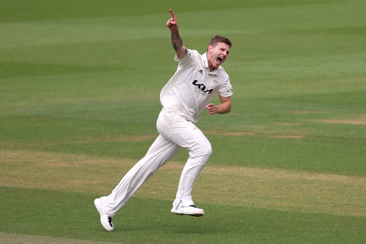 Conor McKerr peels away in celebration, Surrey vs Warwickshire, County Championship, Division One, The Oval, July 25, 2022