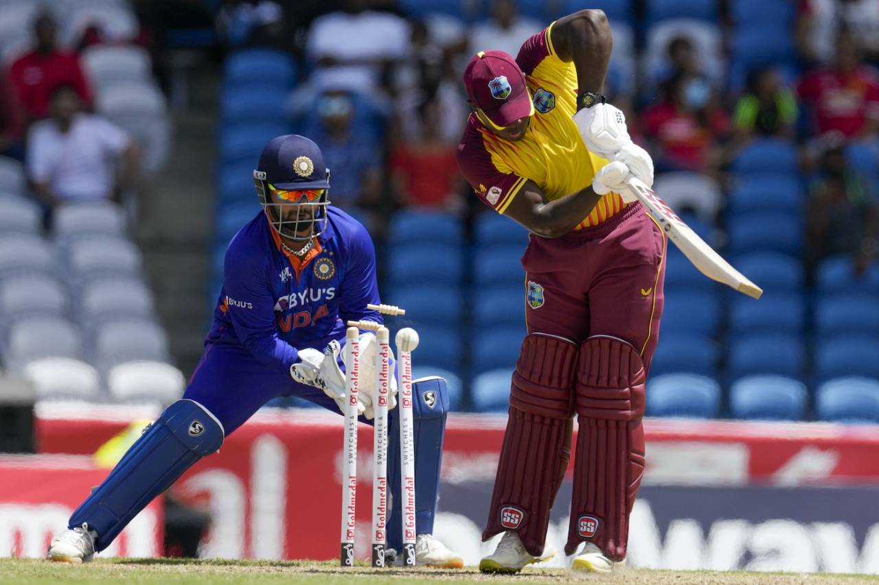 Rovman Powell gets bowled by a Ravi Bishnoi delivery, West Indies vs India, 1st T20I, Tarouba, July 29, 2022
