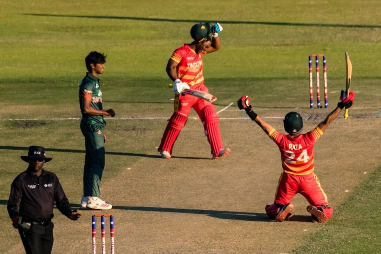Regis Chakabva and Sikandar Raza soak in the moment of Chakabva's maiden ODI hundred, Zimbabwe vs Bangladesh, 2nd ODI, Harare, August 7, 2022