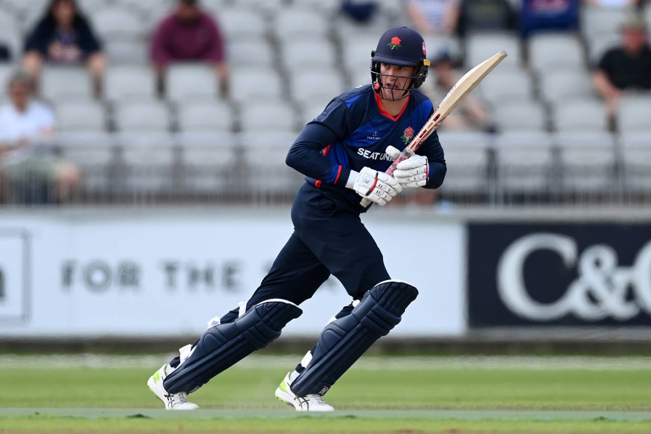Keaton Jennings of Lancashire bats during the Royal London Cup between Lancashire Lightning and Derbyshire at Emirates Old Trafford on August 07, 2022 in Manchester, England
