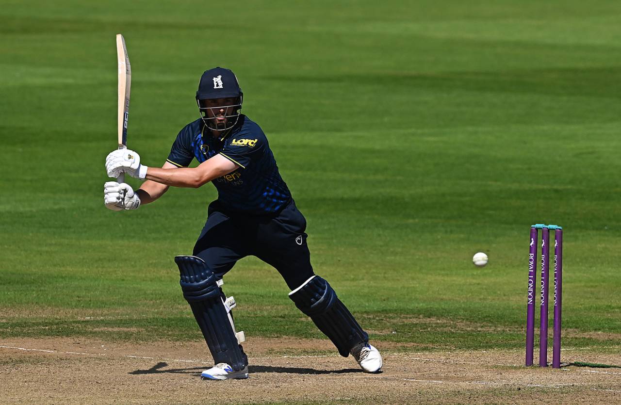 Will Rhodes of Warwickshire scores more runs during the Royal London One Day Cup match between Warwickshire and Sussex Sharks at Edgbaston on August 12, 2022 in Birmingham, England.