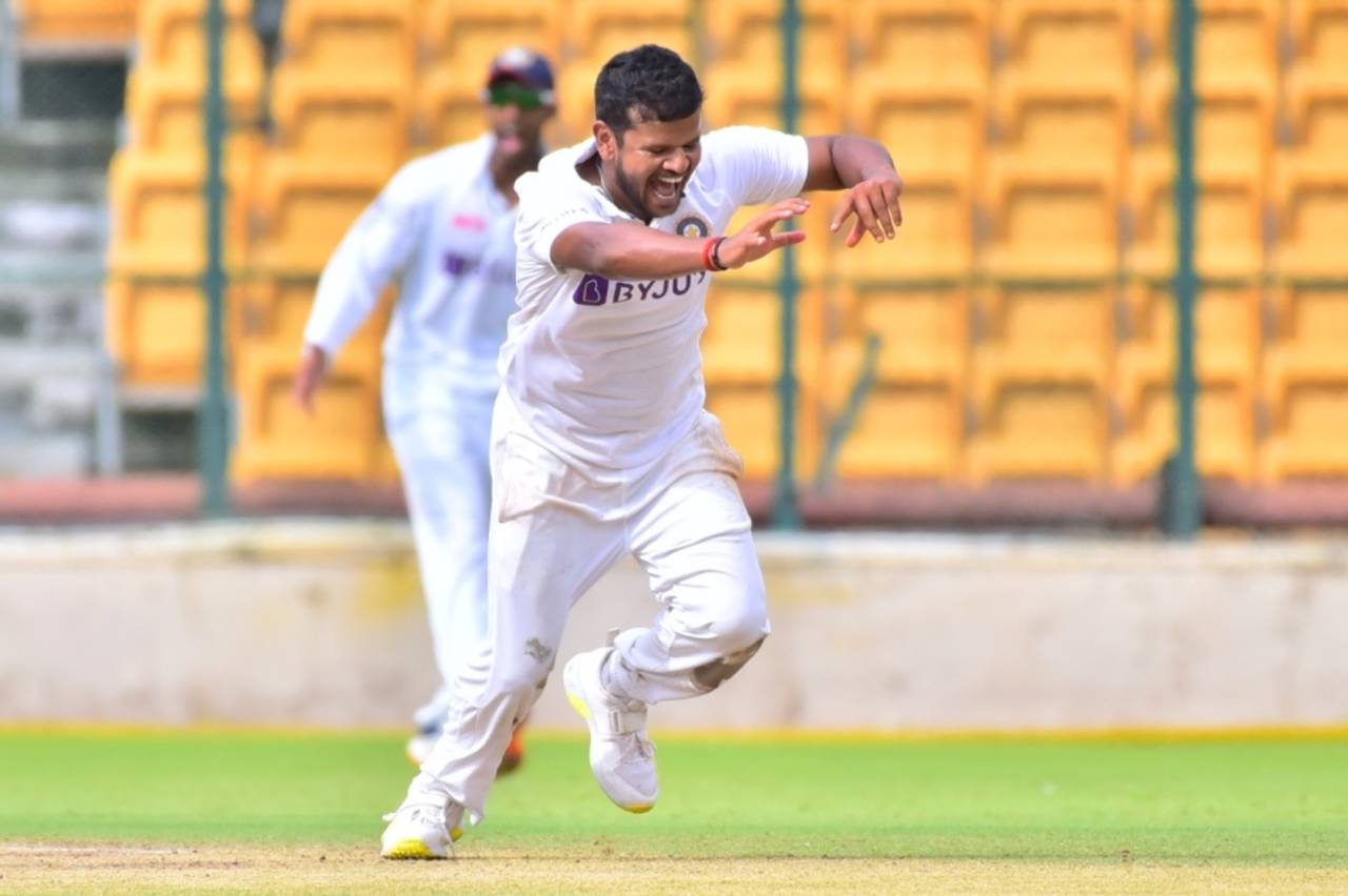 Saurabh Kumar is jubilant after taking a wicket, India A vs New Zealand A, 3rd unofficial Test, Bengaluru, 2nd day, September 16, 2022