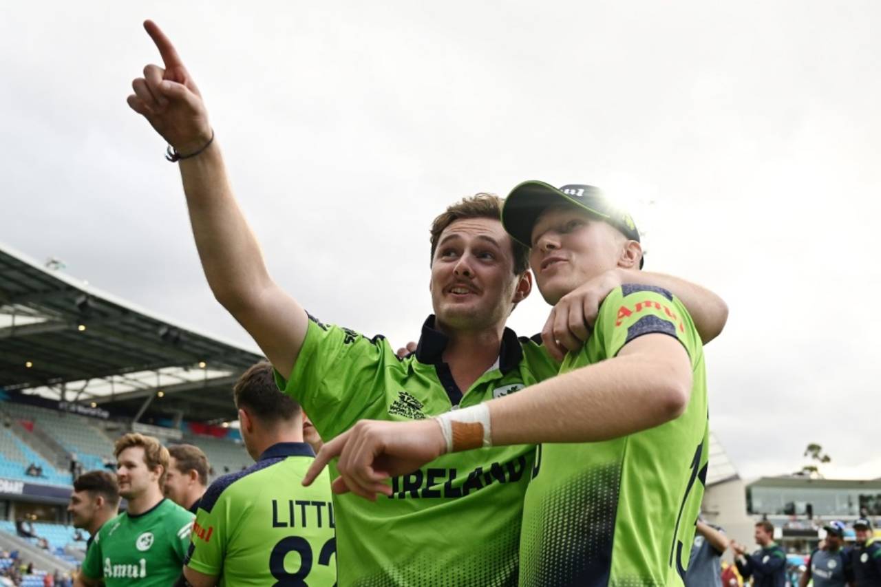 Over to the Super 12s: Mark Adair celebrates with Harry Tector, Ireland vs West Indies, ICC Men's T20 World Cup, Hobart, October 21, 2022