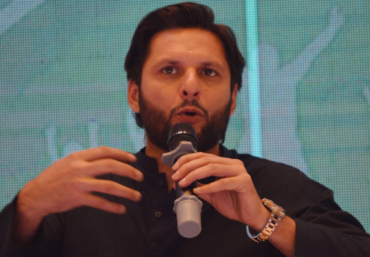 Shahid Afridi speaks at a press conference to present his autobiography, Karachi, May 4, 2019