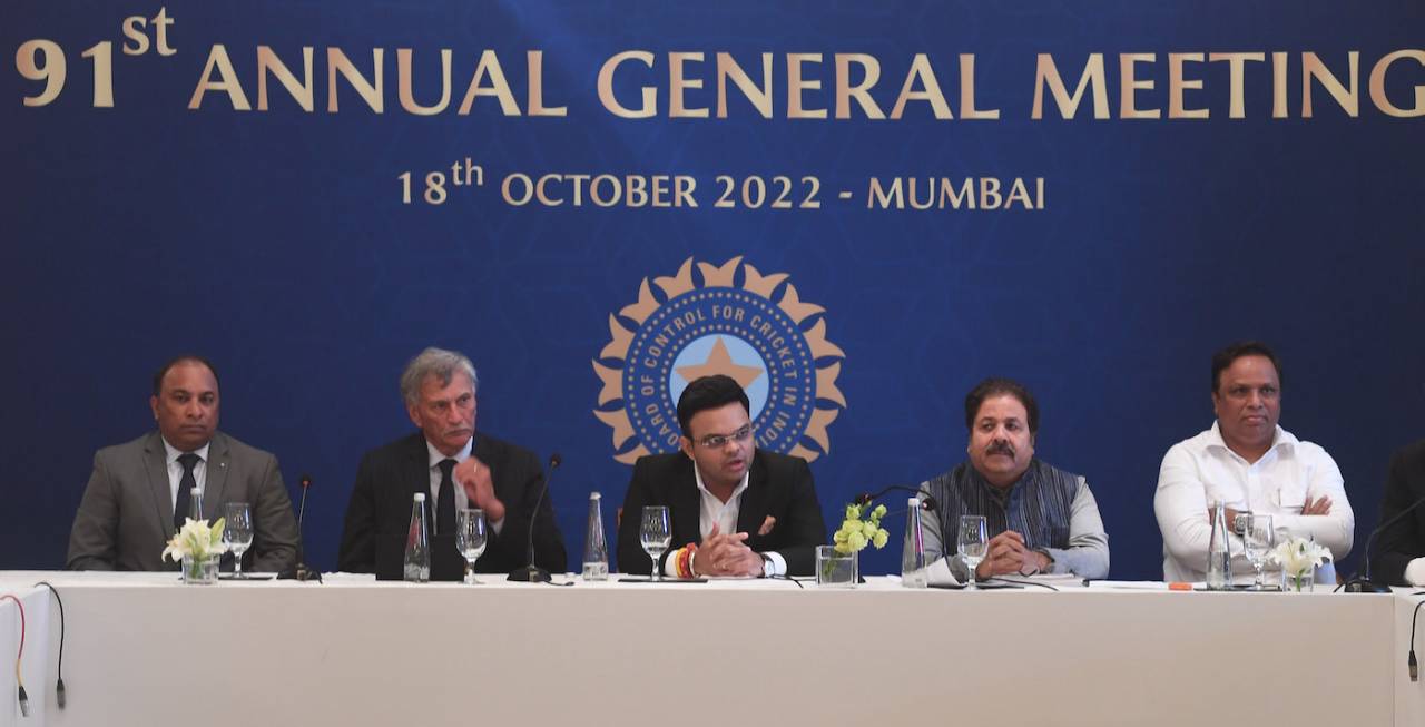BCCI president Roger Binny, secretary Jay Shah, vice-president Rajeev Shukla, treasurer Ashish Shelar at the board's 91st Annual General Meeting, Mumbai, October 18, 2022
