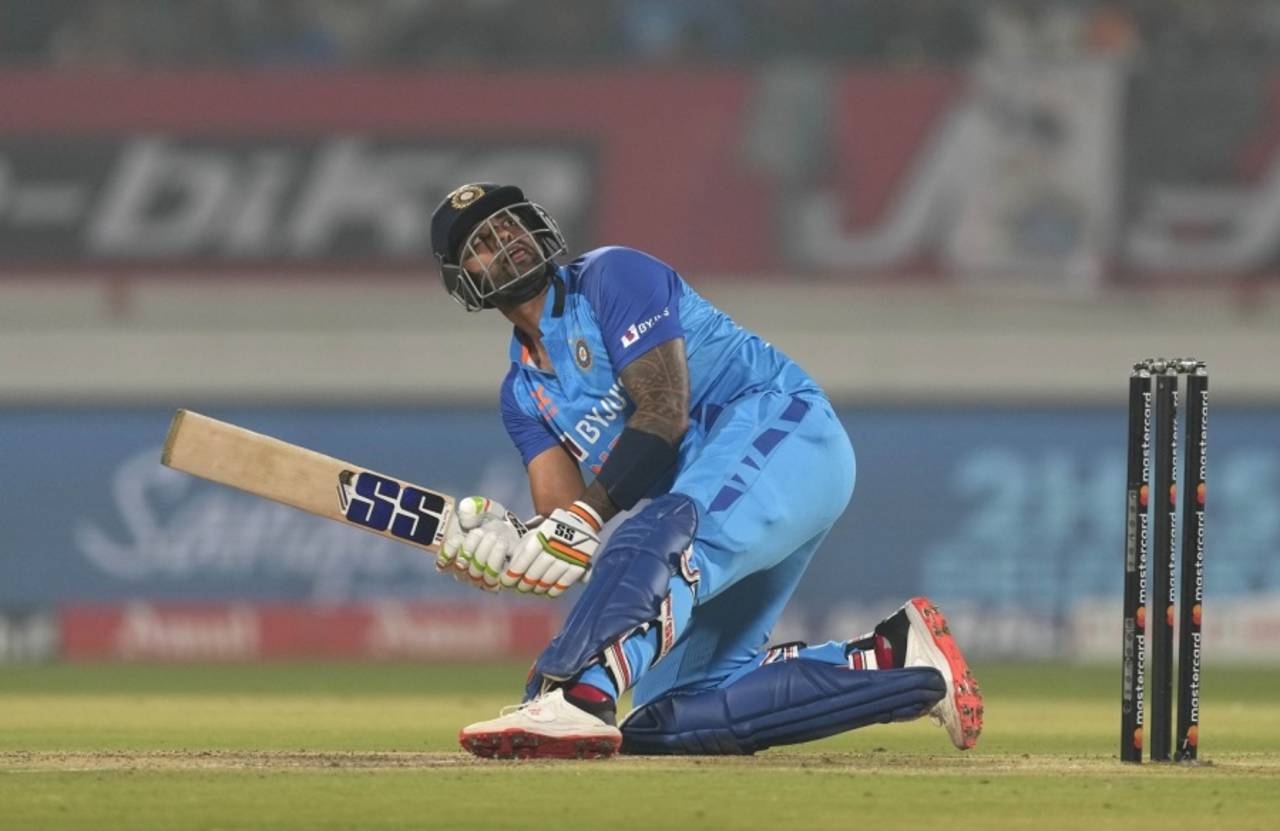 Suryakumar Yadav scoops and also enjoys the sight of it, India vs Sri Lanka, 3rd T20I, Rajkot, January 7, 2023