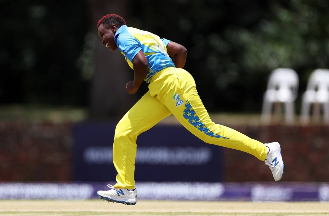 Henriette Ishimwe picked up four wickets in four balls to hasten Zimbabwe's end&nbsp;&nbsp;&bull;&nbsp;&nbsp;ICC via Getty Images
