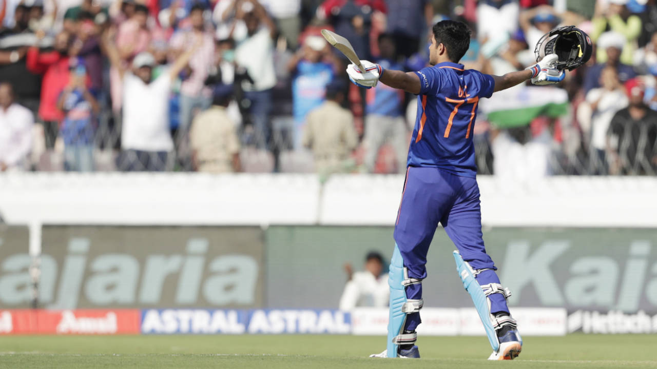 Shubman Gill brought up his third ODI century, and second in as many innings, India vs New Zealand, 1st ODI, Hyderabad, January 18, 2023
