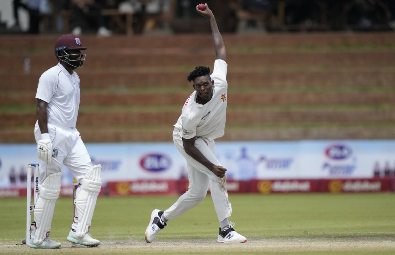 Richard Ngarava bowls as Raymon Reifer watches, Zimbabwe vs West Indies, 1st Test, Bulawayo, 5th day, February 8, 2023