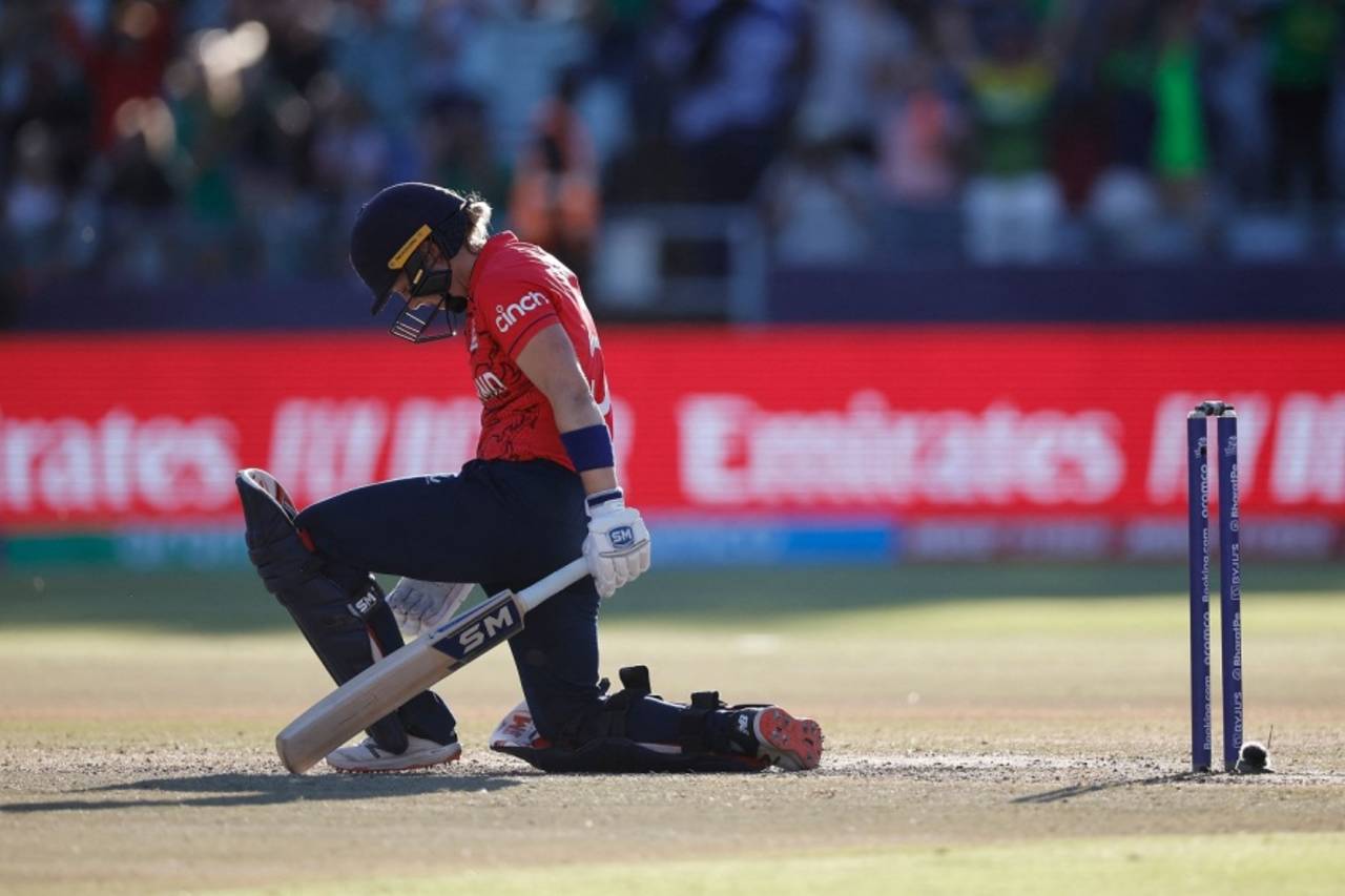 Heather Knight looks down in despair after being knocked over by Shabnim Ismail, England vs South Africa, Women's T20 World Cup, semi-final, Cape Town, February 24, 2023