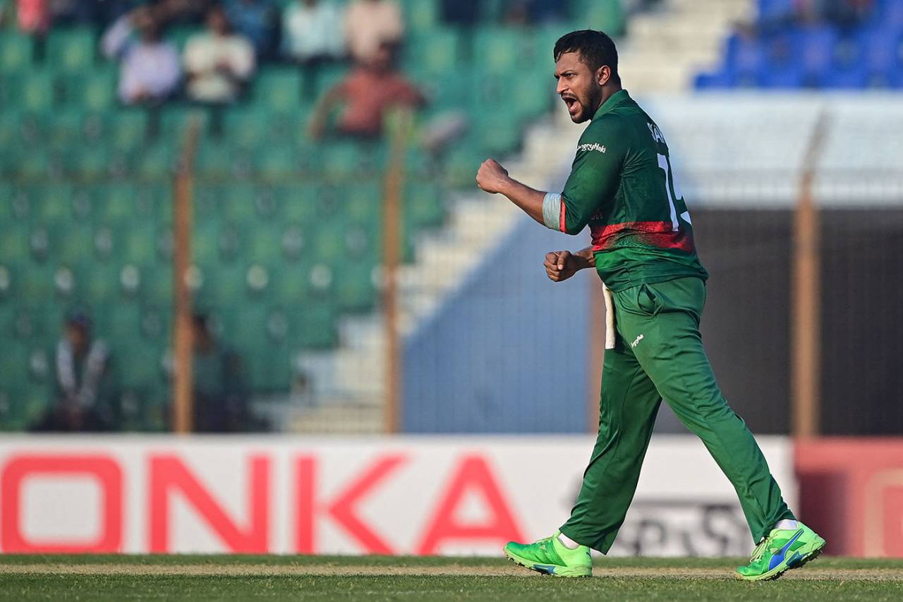Shakib Al Hasan produced a fine all-round display in Bangladesh's 50-run win&nbsp;&nbsp;&bull;&nbsp;&nbsp;AP Photo/Aijaz Rahi