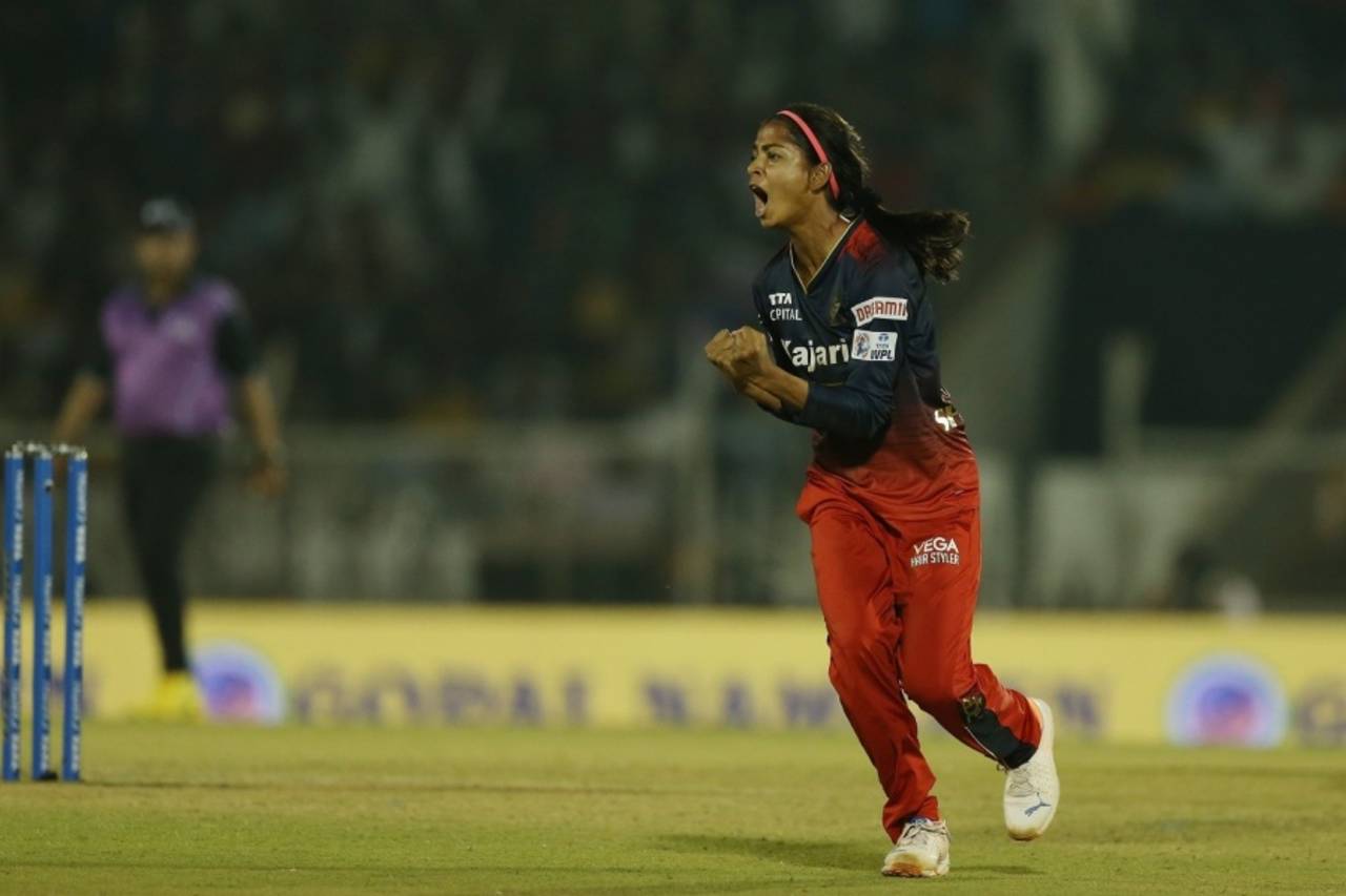 Shreyanka Patil celebrates her maiden WPL wicket, Gujarat Giants v Royal Challengers Bangalore, WPL, Mumbai, March 8, 2023