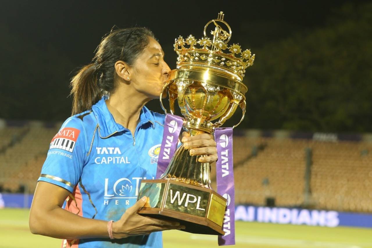 Harmanpreet Kaur poses with the WPL trophy, Delhi Capitals vs Mumbai Indians, final, Brabourne, Women's Premier League, March 26, 2023